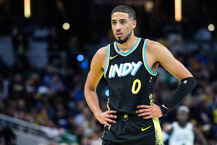 Dec 4, 2023; Indianapolis, Indiana, USA; Indiana Pacers guard Tyrese Haliburton (0) in the second half against the Boston Celtics at Gainbridge Fieldhouse.